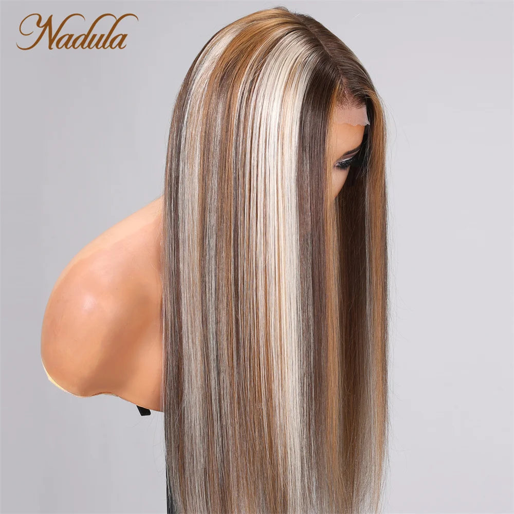 Nadula Straight Hair 13x4 Lace Front Wig Bright Blonde Hair Highlights on Dark Brown Hair 150% Density Mocca & Pale Latte Blonde