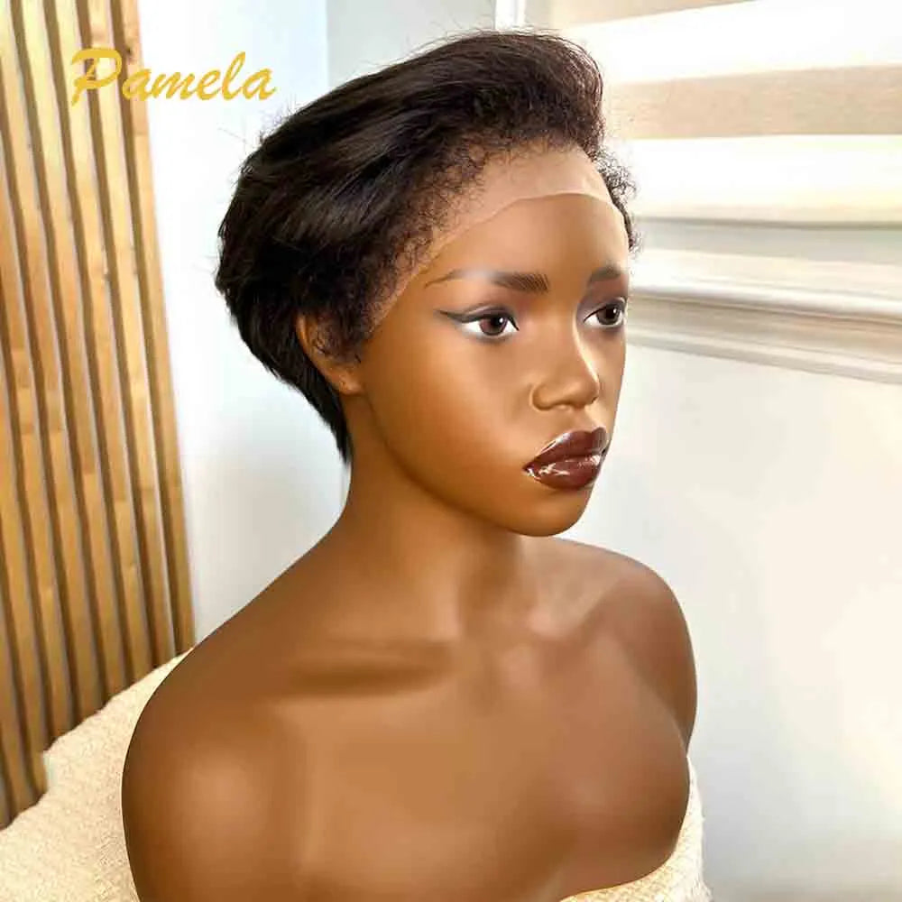 Wear and Go Glueless Wig Brazilian Short Straight Bob Pixie Cut HD Transparent Lace Frontal Human Hair Wig With Curly Bady Hair