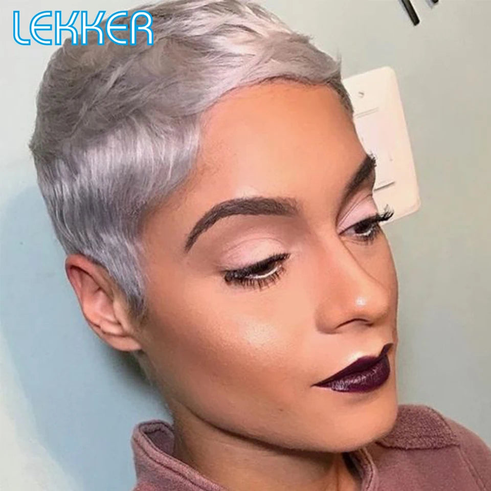 Lekker Short Pixie Silver Grey Straight Bob Human Hair Wig For Women Brazilian Remy Hair Glueless Colored Machine Made Cheap Wig