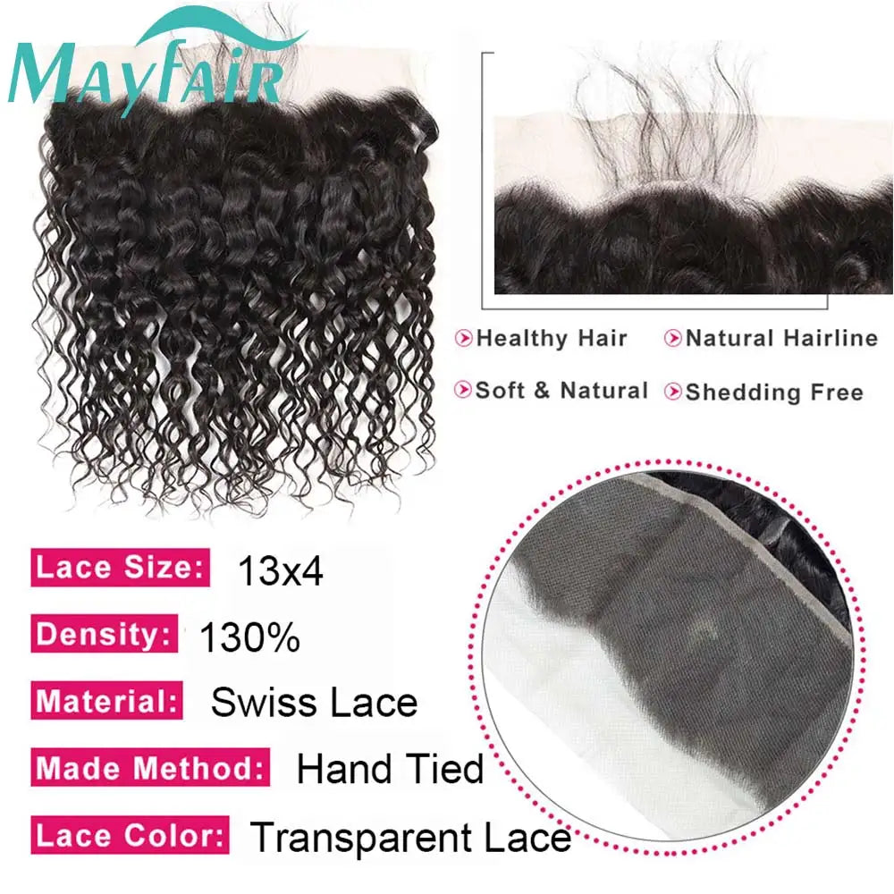 Curly Transparent Lace Frontal 13*4 Remy Human Hair Extension  Pre Plucked Bleached Knots Lace Frontal Closure Water  Wave Curly