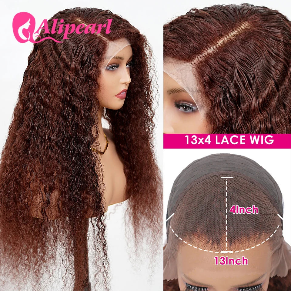 AliPearl Kinky Curly Lace Front Human Hair Wigs Reddish Brown Transparent 13x4 Lace Front Wig PrePlucked for Women Peruvian Wig