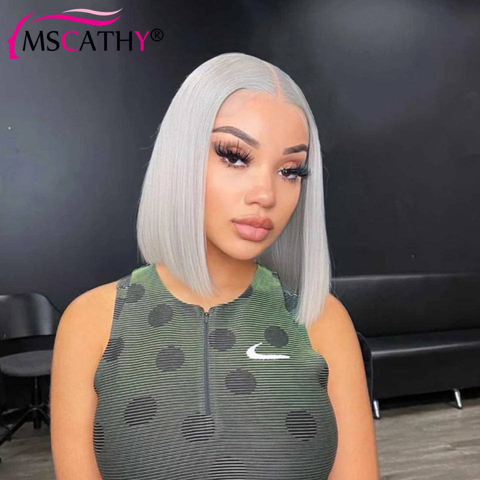 200% Gray Colored Bob Lace Front Wigs For Women Human Hair Grey Short Straight HD Lace Frontal Wig 13x4 Glueless Wig Preplucked