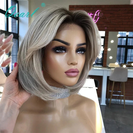 Lace Front Human Hair Wig 13x4 Ombre Grey Ashy Blonde Lace Frontal Wigs Cheap Short Bob Wig ombre glueless wig human hair Qearl