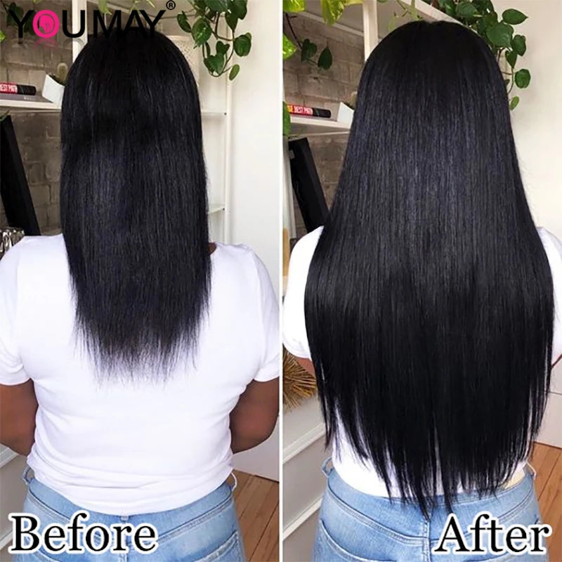 Clip In Human Hair Extensions Light Yaki Straight Hair Bundles Brazilian RemyYaki Coarse Kinky Clip Ins For Black Women Youmay