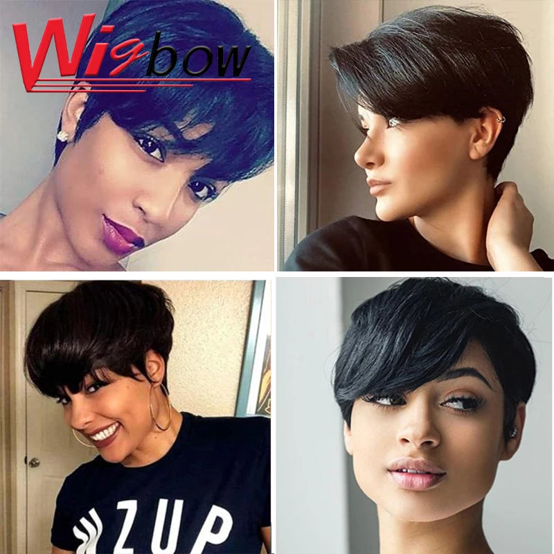 Short Human Hair Pixie Cut Wig Brazilian Hair Grey Wigs With Bangs for Women Short Human Full Machine Wig Ombre 30 Glueless Wigs