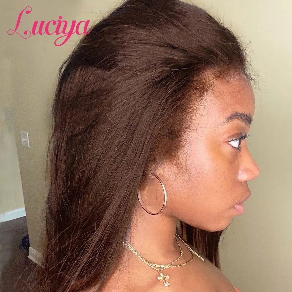 #4 Brown Colored Kinky Straight Curly Edges 13x4 Lace Front Wigs Curly Baby Hair Preplucked 360 HD Lace Frontal Human Hair Wigs