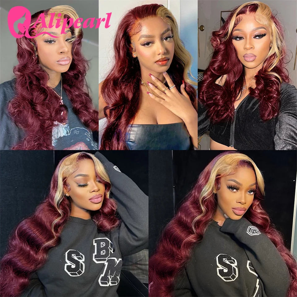 AliPearl 99J/613 Lace Front Wig Burgundy With Blonde 13x4 Body Wave Human Hair Wigs Pre-Plucked Brazilian Hair Lace Front Wigs