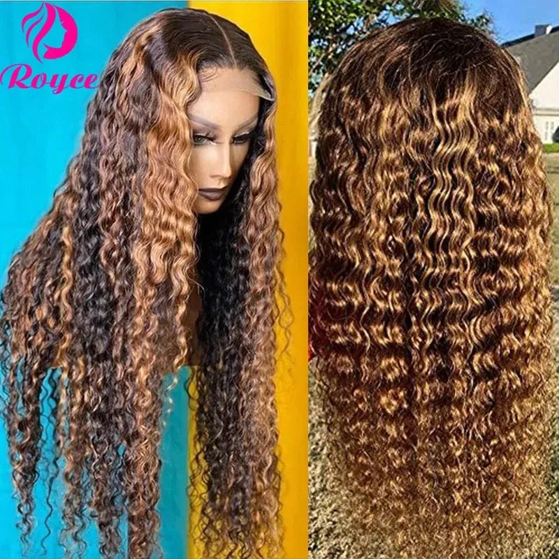 30 Inch Highlight Honey Brown Lace Front Human Hair Wigs Deep Wave 13x4 Remy Ombre Colored Curly  Lace Frontal Wig For Women