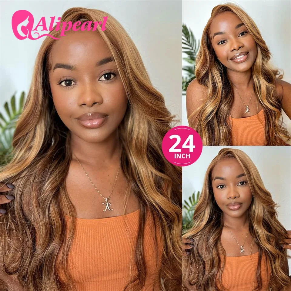 Highlight Wig Lace Frontal Human Hair Wigs Honey Blonde 4/27 Body Wave Lace Front Wig Pre-Plucked for Black Women Ali Pearl Hair