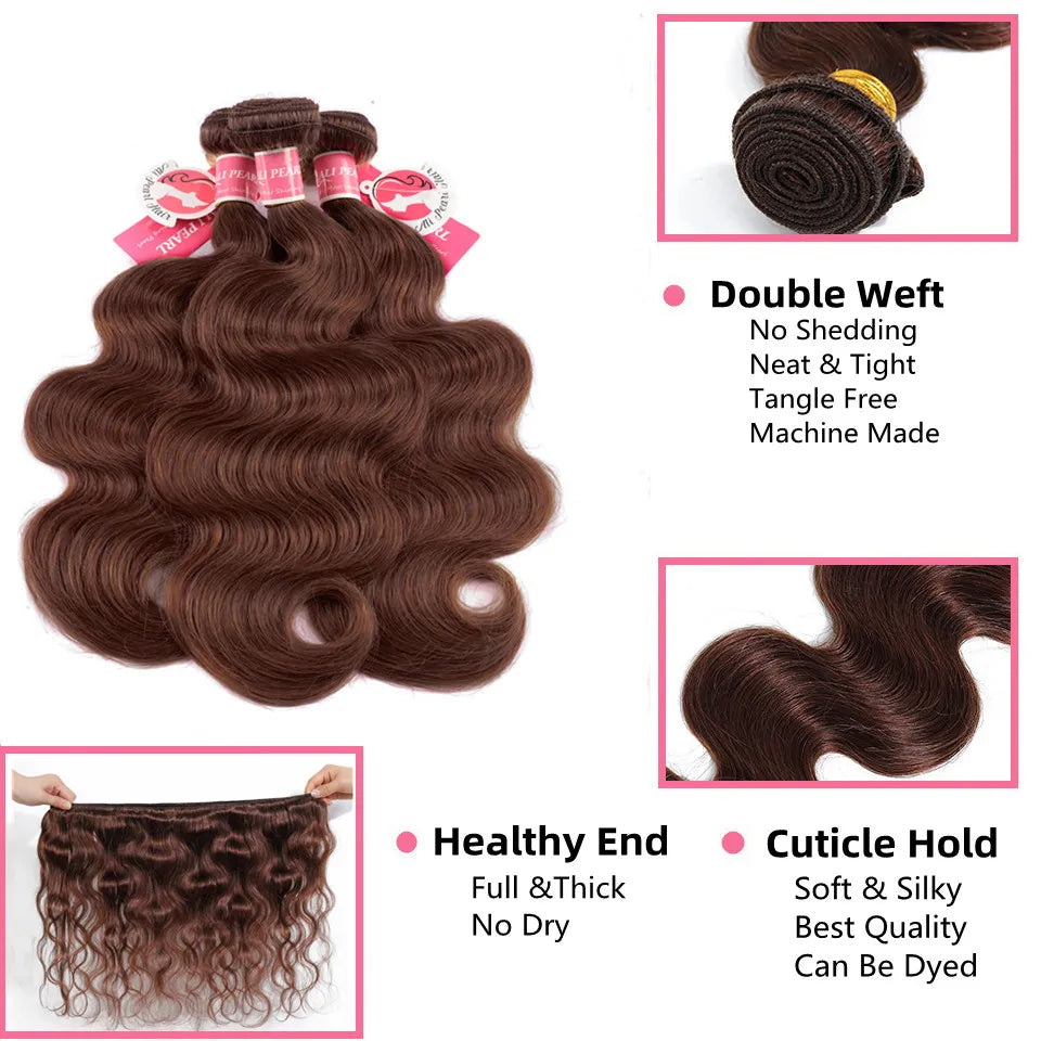 Ali Pearl Hair Chocolate Brown Human Hair Bundles #4 Body Wave  Hair Weaving Brazilain Brown Color Hair Extension 10 - 26 Inches