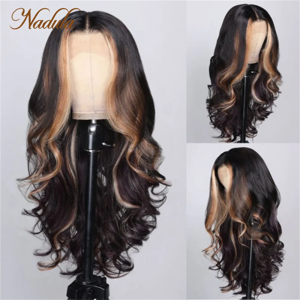 Nadula Hair 13x4 Lace Transparent Front Black Purple Ombre With Blonde Highlights Multi Color Mixed Loose Wave Wig Human Hair