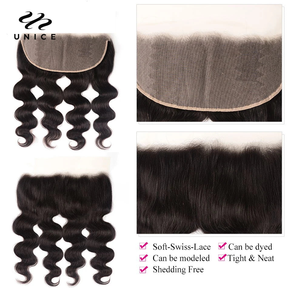 Unice Hair Brazilian Body Wave 3 Bundles With Lace Frontal Closure 13x4 Free Part 100% Human Hair Bundles with Frontal