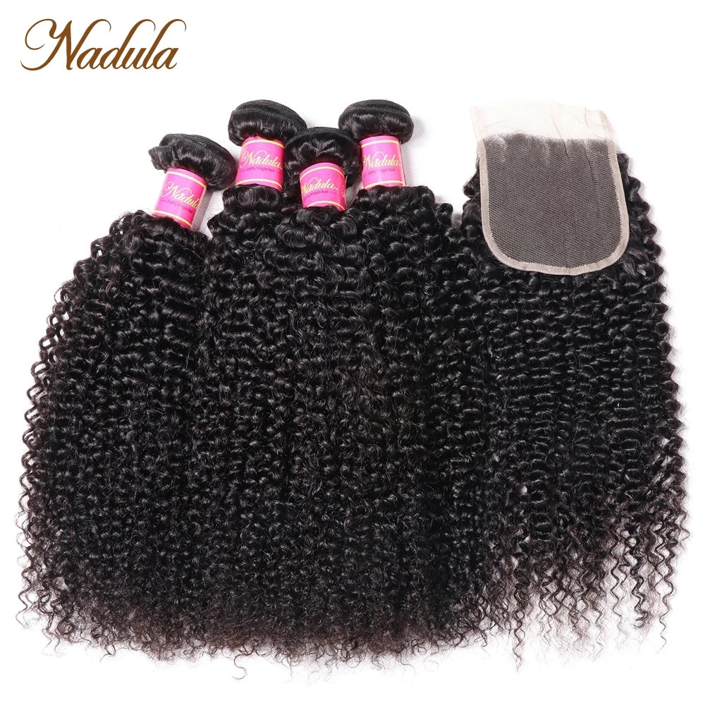 Nadula Hair Kinky Culry Bundles With Lace Closure 4*4 Closure With Human Hair Bundles 2/3/4 Bundles With Closure Remy Hair