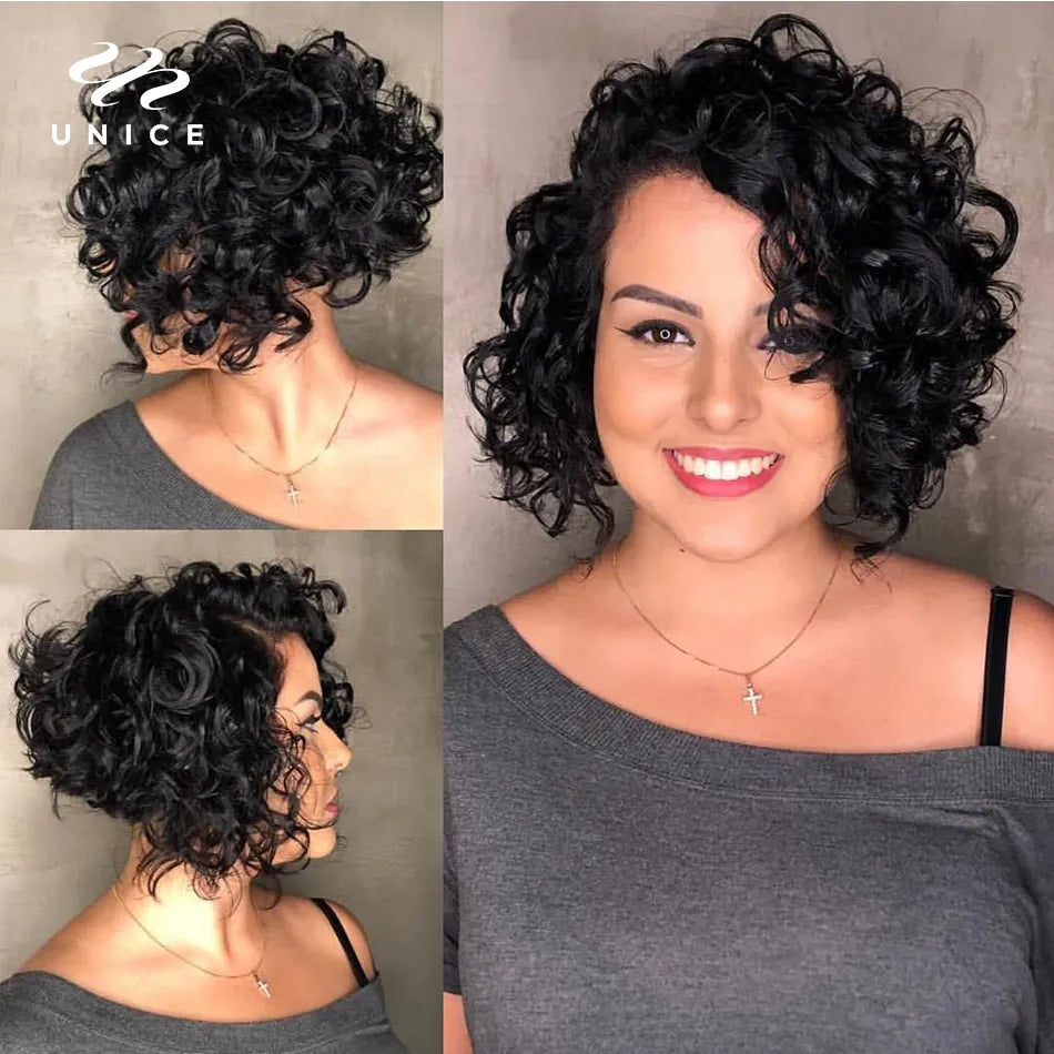 Unice Hair Short Loose Curly Wigs Brazilian Hair Bouncy Waves Pixie Cut Wig Fluffy Curls Bob Wig For Women Human Hair Wigs