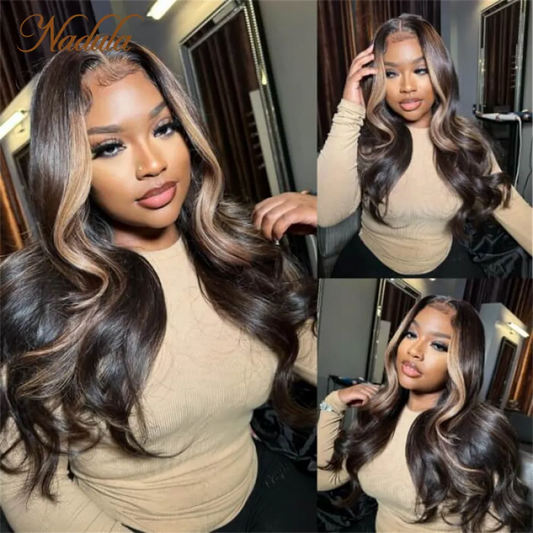 Nadula Hair 13x4 Lace Transparent Front Black Purple Ombre With Blonde Highlights Multi Color Mixed Loose Wave Wig Human Hair