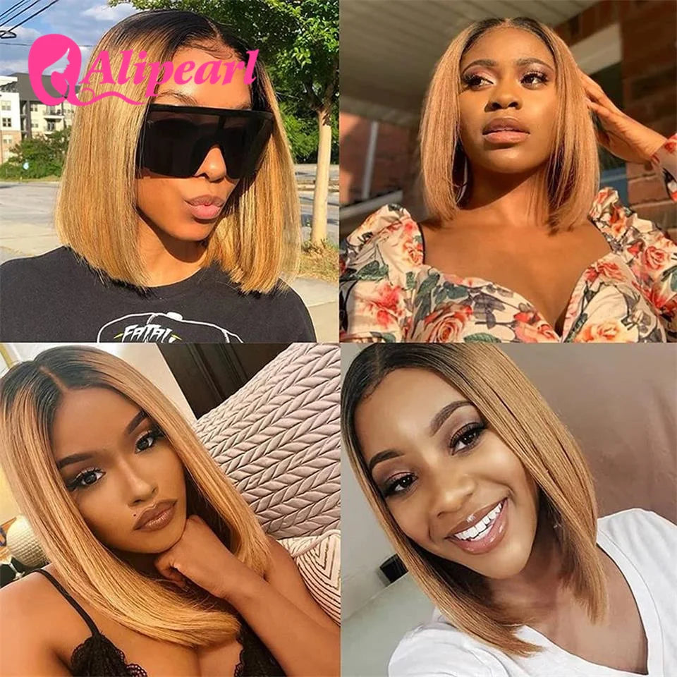 Ali Pearl Hair Short Ombre Honey Blonde Bob Wig 1B/27 Straight Lace Front Wig Pre-Plucked Human Hair Wigs For Black Women