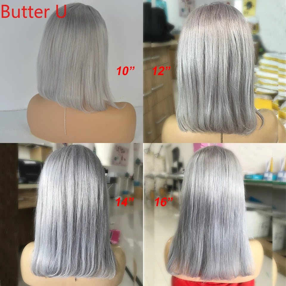 Grey Short Bob Natural Straight Wigs For Women 150% Density Pre Plucked With Baby Hair Lace Front Human Hair Wigs 8-16 Inch