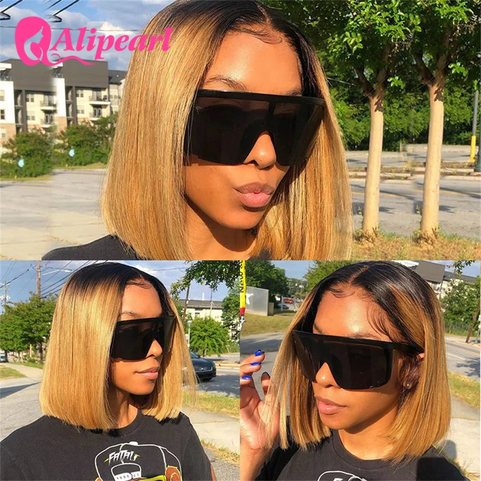 Ali Pearl Hair Short Ombre Honey Blonde Bob Wig 1B/27 Straight Lace Front Wig Pre-Plucked Human Hair Wigs For Black Women