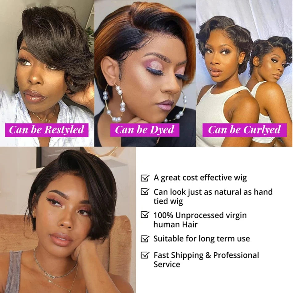 Human Hair 13X2 Wigs Short Pixie Cut Wigs Straight Bob HD Transparent ISEE Lace Frontal Wigs For Black Women 250Density Perruque