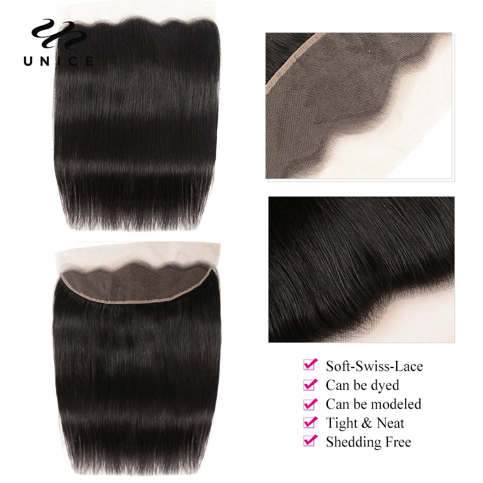 Unice Hair Brazilian Straight Hair Lace Frontal Closure With Bundles 4 PCS Human Hair Extensions Brazilian Hair Weave Bundles