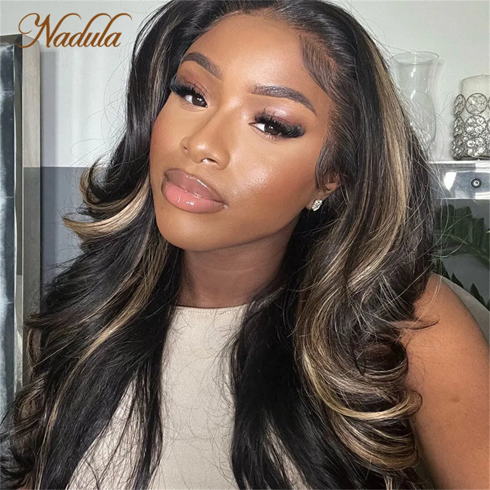 Nadula Hair Glueless Pre Cut 6x4.5 Lace Wig Body Wave Chocolate Brown With Peek A Boo Blonde Highlights Wig With Bleach Knots