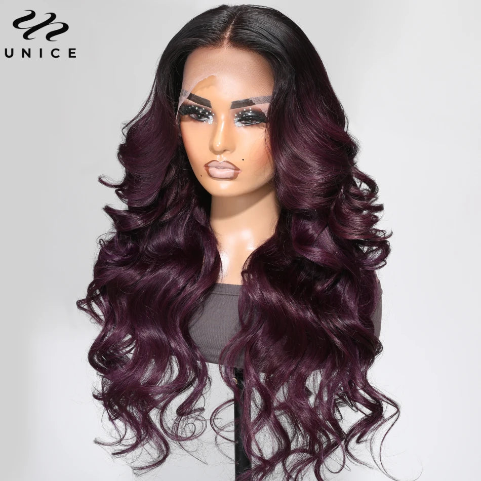 UNice Smokey Deep Purple Ombre 13x4 Lace Front Body Wave Wig 180% Density Human Hair Wig A Rich Purple Hair Look