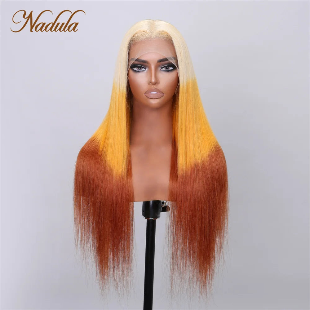 Nadula Straight Hair 13x4 Lace Front Wigs 3 Tones Reverse Blonde Orange and Brown Ombre 150% Density Multi Color Hair For Women