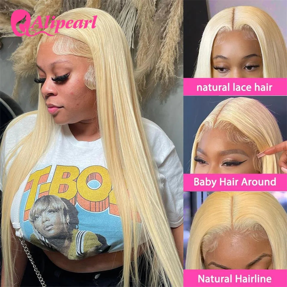 613 Blonde Lace Front Human Hair Wigs Peruvian Bone Straight Lace Front Wig for Women Pre-Plucked 150 Density Ali Pearl Hair Wig