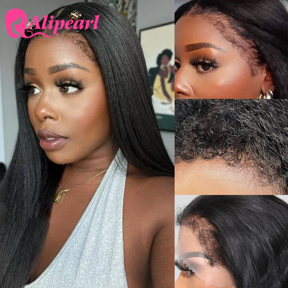 Ali Pearl Realistic 4C Kinky Edges Lace Front Human Hair Wigs Kinky Straight 13x4 Lace Front Wig Peruvian Glueless Wig For Women