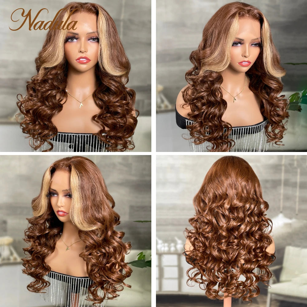 Nadula Hair Face Framing loose Wave Lace Front Human Hair Wig 13x4 Brunette with Blonde Highlight Lace Wig Money Piece Wig