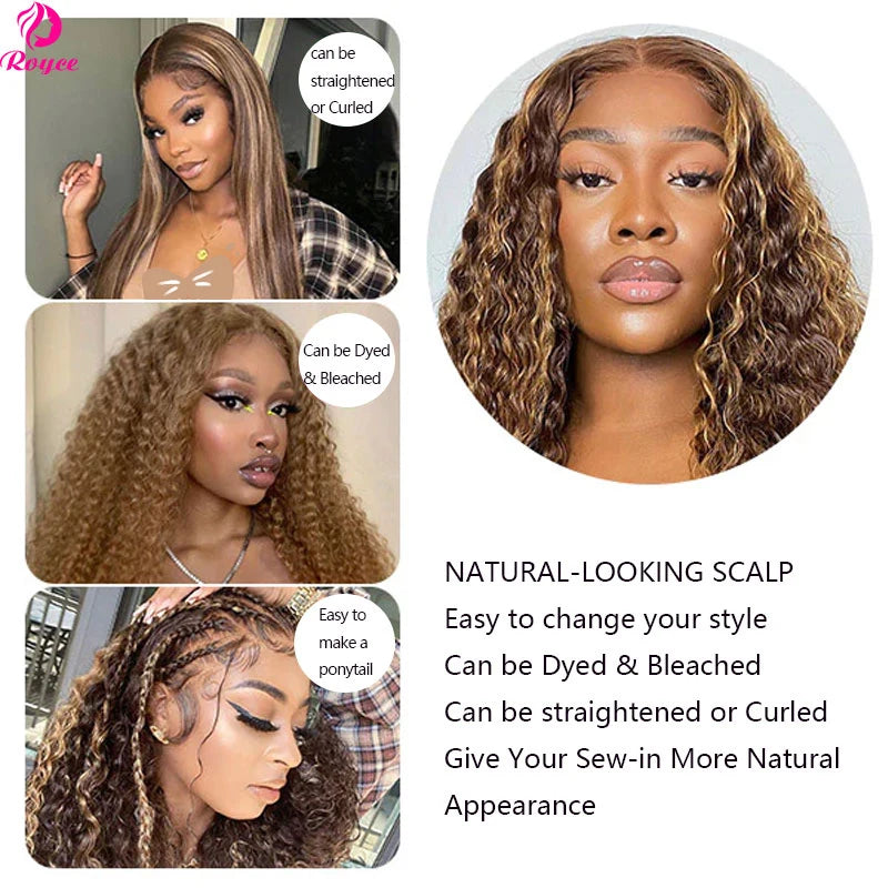 30 Inch Highlight Honey Brown Lace Front Human Hair Wigs Deep Wave 13x4 Remy Ombre Colored Curly  Lace Frontal Wig For Women