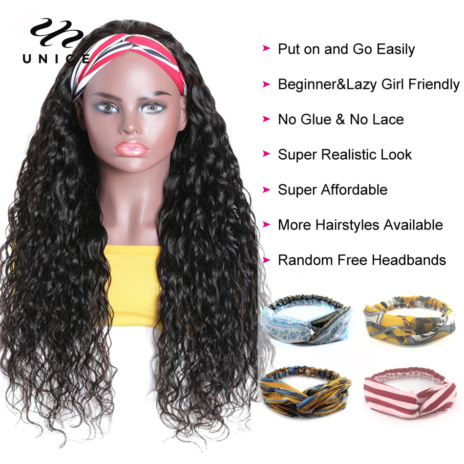 Unice Hair Headband Wig Human Hair Headband Scarf Wig Water Wave Human Hair Wigs for Women No Glue No Sew In Beginner Friendly