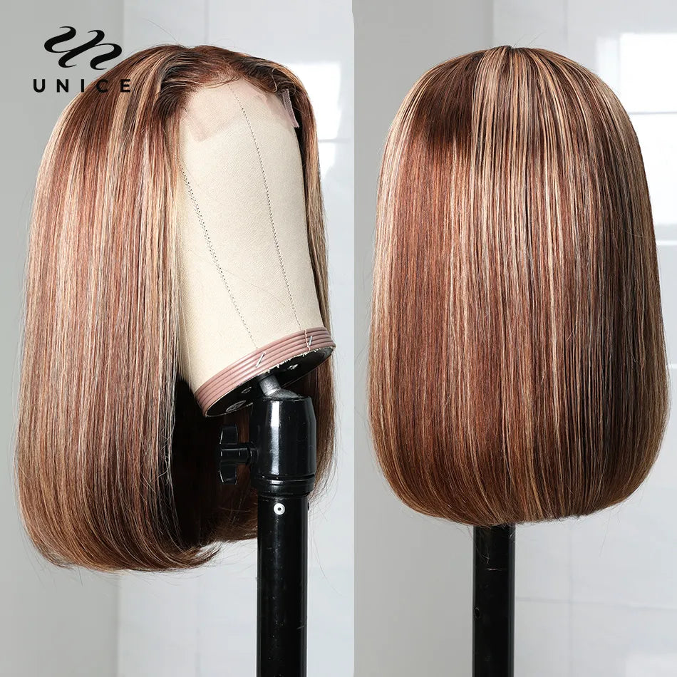 Unice Hair Bob Wig Honey Blonde Highlight Wig Human Hair Peruvian Straight Short Wigs For Women Human Hair Wigs