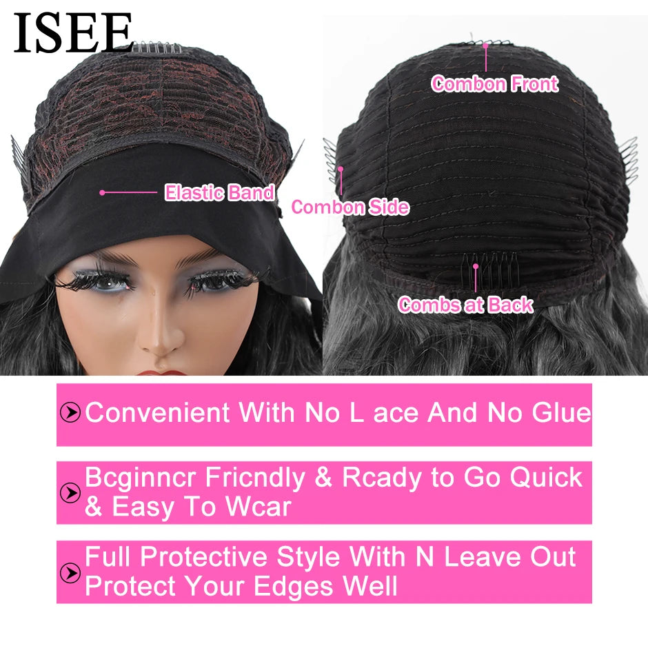 ISEEHAIR Headband Wig Natural Color Body Wave Human Hair Wigs Scarf Wig Peruvian Hair Body Wave Wig Glueless Wig for Women