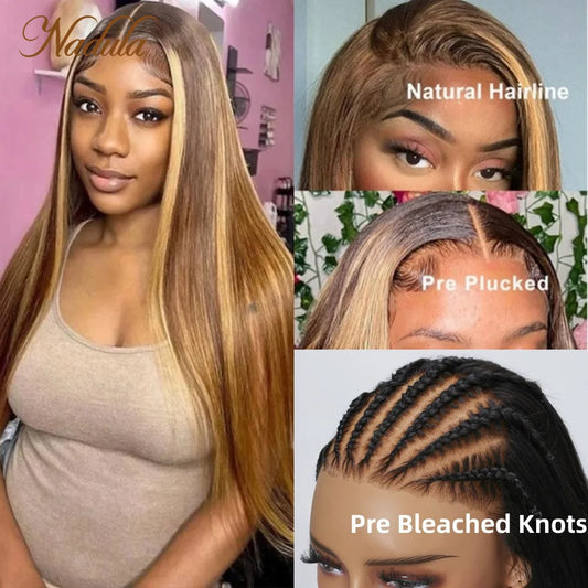 Nadula Glueless 7X5 Pre Cut Lace Closure Wig Honey Blond Highlight Root Pre Bleach Knots Wig Straight Hair 7X5 Bye Bye Knots