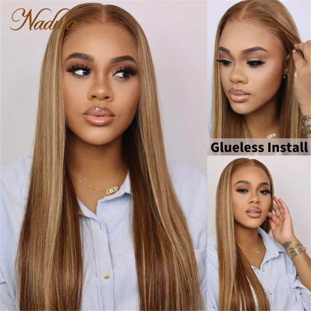 Nadula Glueless 7X5 Pre Cut Lace Closure Wig Honey Blond Highlight Root Pre Bleach Knots Wig Straight Hair 7X5 Bye Bye Knots