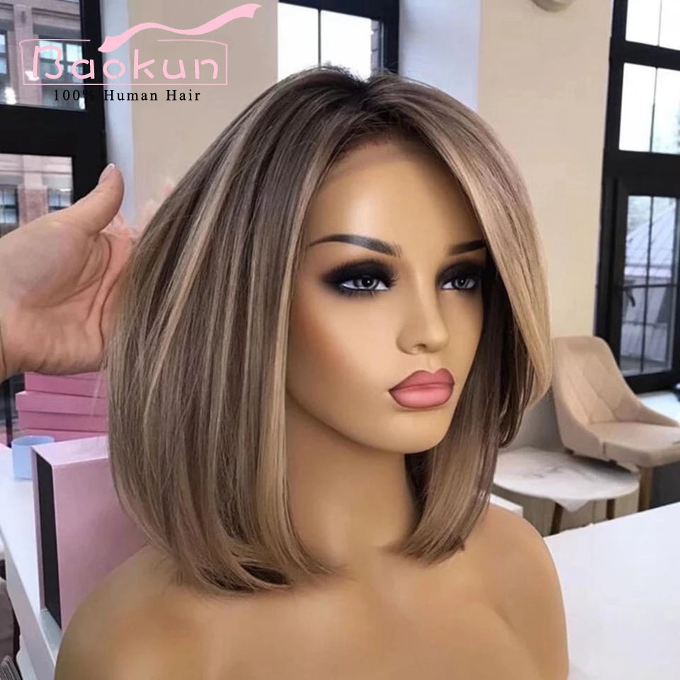 13x4 Ash Brown Blonde Bob Wig Highlight Human Hair Wigs Remy 360 Lace Frontal Wig Grey Short Straight Lace Front Wigs For Women