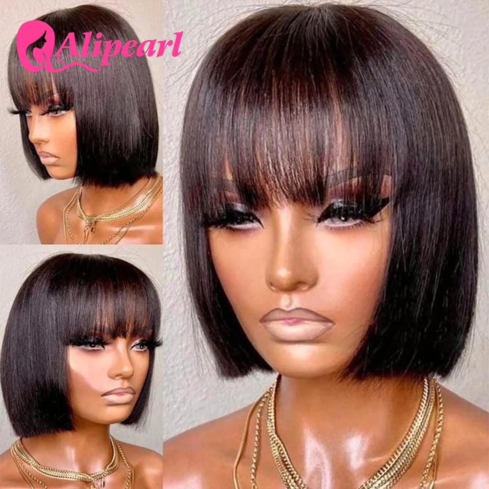 Short Bob Wigs Straight Human Hair Wigs With Bangs Brazilian Full Machine Made Wig for Black Women Glueless Hair Wig Ali Pearl