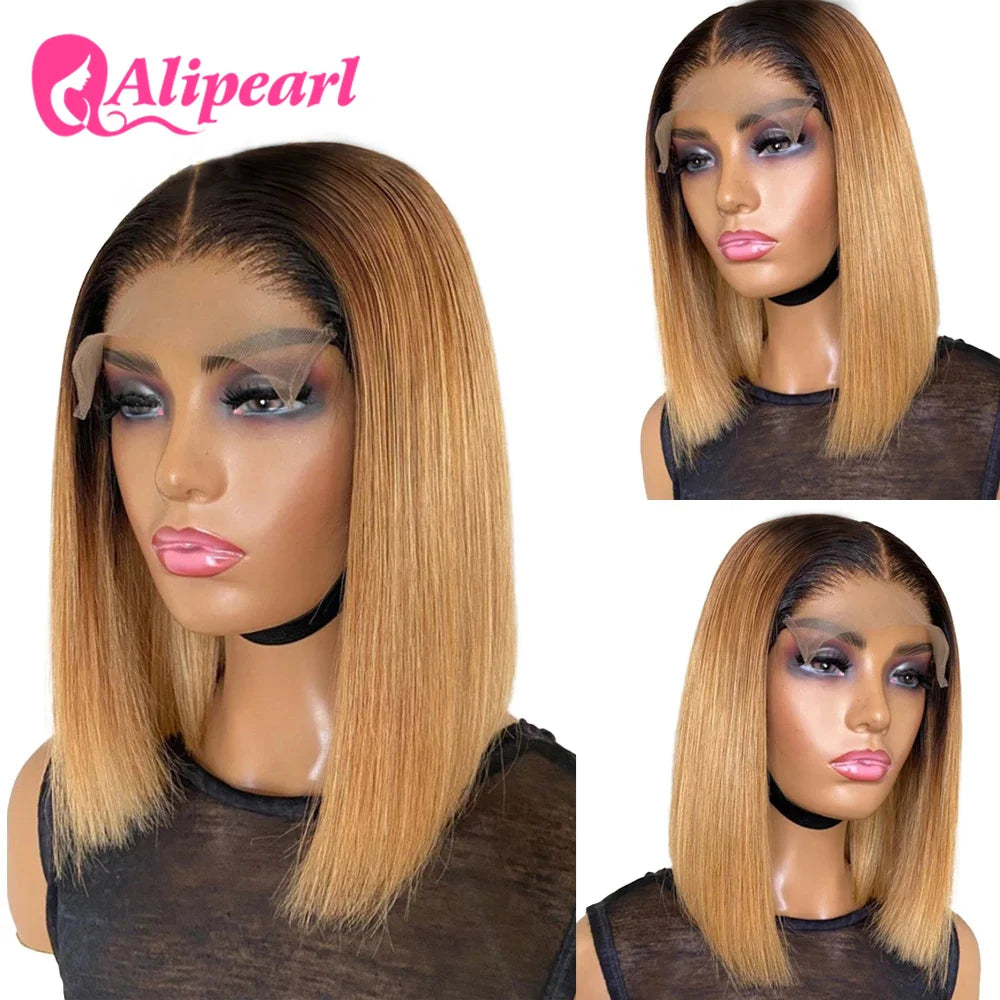 Ali Pearl Hair Short Ombre Honey Blonde Bob Wig 1B/27 Straight Lace Front Wig Pre-Plucked Human Hair Wigs For Black Women