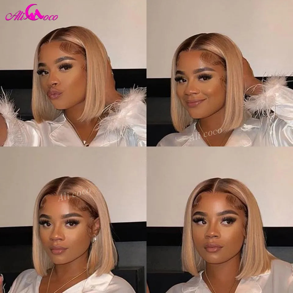 Blonde With Brown Root Human Hair Bob Wigs Straight Lace Front Wig 180 Density Honey Blonde Lace Frontal Wigs for Black Women