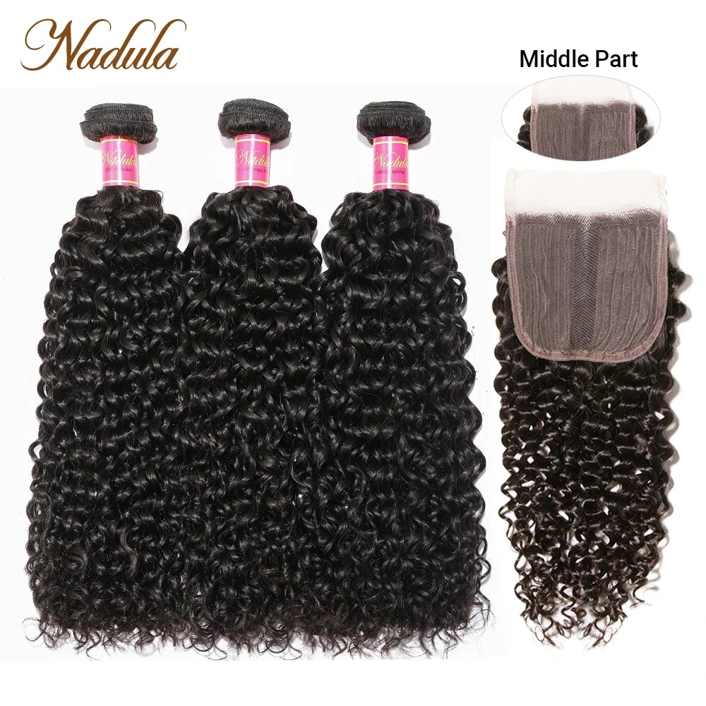 Nadula Hair Brazilian Curly Bundles With Closure 4*4 Lace Closure Remy Human Hair Bundles With Closure 3 Bundles With Closure