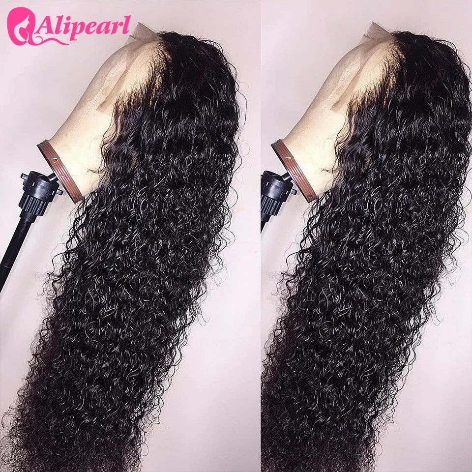 AliPearl 30Inch Lace Front Human Hair Wigs Brazilian Kinky Curly 13x4 Wig For Women Pre Plucked Water Wave Lace Wig 180% Density