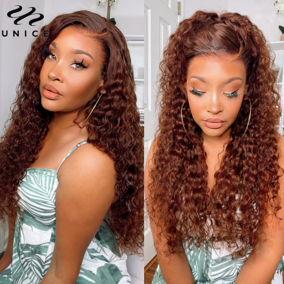 Unice Hair Water Wave 13X4 Lace Frontal Wig 33B Dark Auburn Color Human Hair Lace Wig Reddish Brown Colored Lace Wig for Women