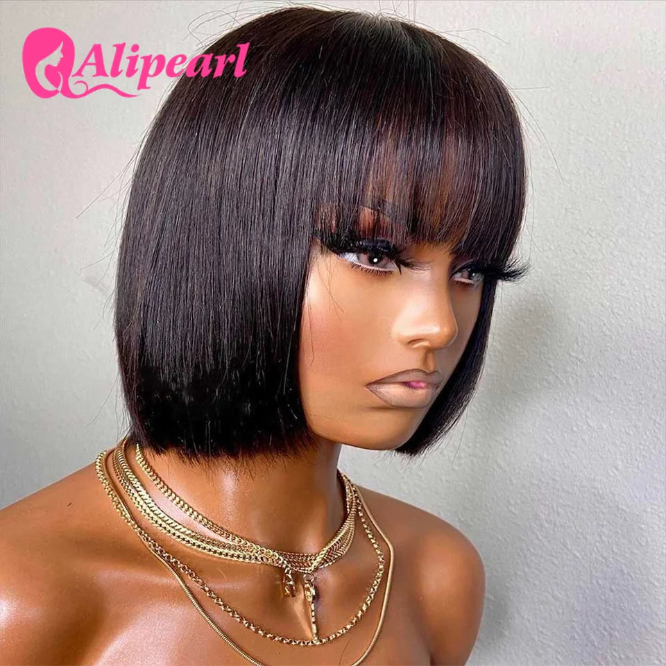 Short Bob Wigs Straight Human Hair Wigs With Bangs Brazilian Full Machine Made Wig for Black Women Glueless Hair Wig Ali Pearl