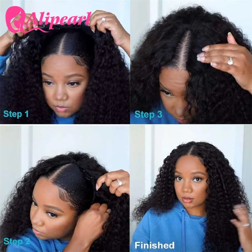 Kinky Curly V Part Wig Human Hair Brazilian Curly Upgrade U Part Wig Glueless No Leave Out Middle Part Wig 180 Density Ali Pearl