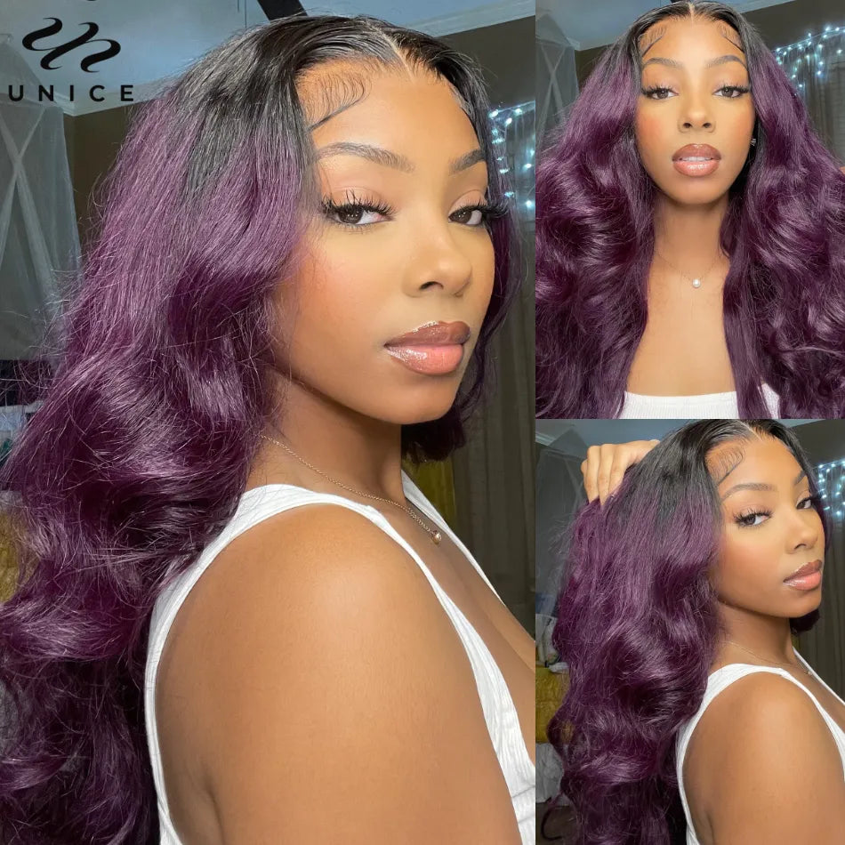 UNice Smokey Deep Purple Ombre 13x4 Lace Front Body Wave Wig 180% Density Human Hair Wig A Rich Purple Hair Look