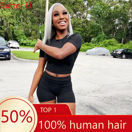 Grey Short Bob Natural Straight Wigs For Women 150% Density Pre Plucked With Baby Hair Lace Front Human Hair Wigs 8-16 Inch