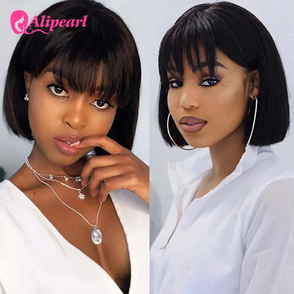 Short Bob Wigs Straight Human Hair Wigs With Bangs Brazilian Full Machine Made Wig for Black Women Glueless Hair Wig Ali Pearl