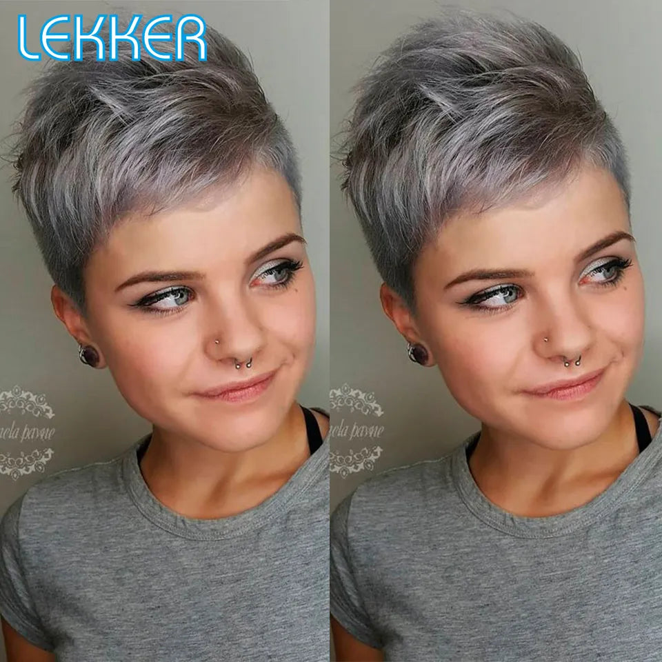 Lekker Short Pixie Silver Grey Straight Bob Human Hair Wig For Women Brazilian Remy Hair Glueless Colored Machine Made Cheap Wig