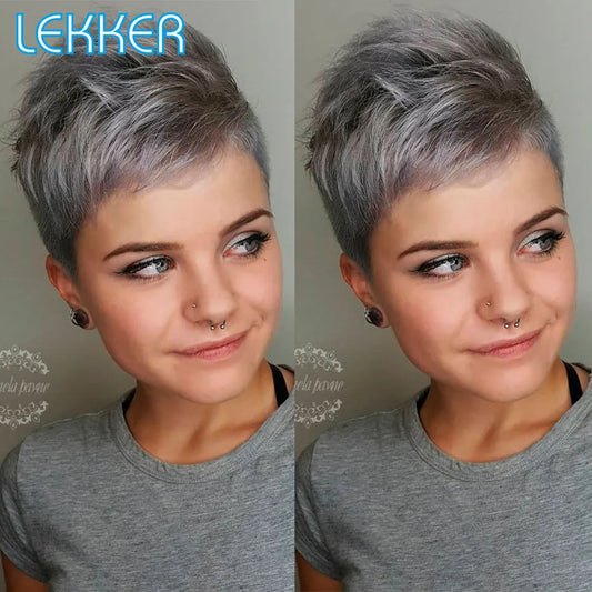 Lekker Short Pixie Silver Grey Straight Bob Human Hair Wig For Women Brazilian Remy Hair Glueless Colored Machine Made Cheap Wig